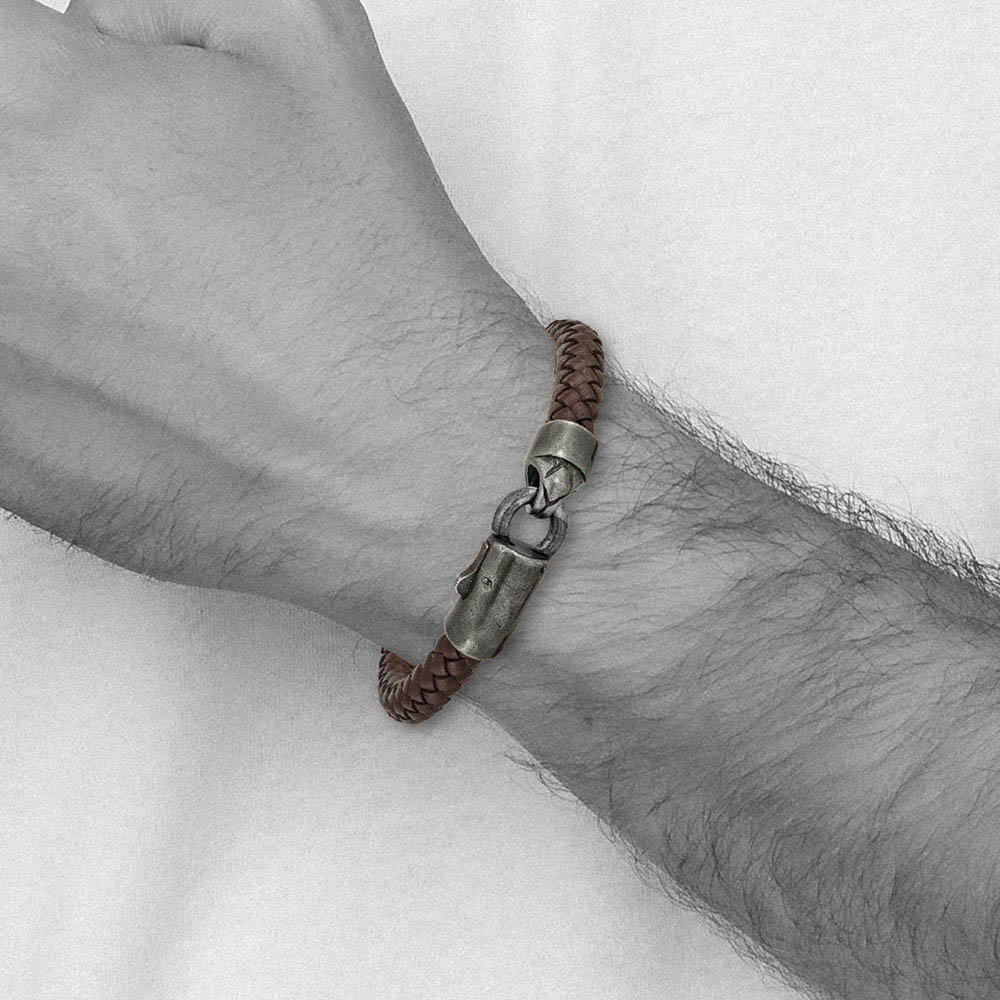 Alternate view of the 8mm Antiqued WB-Plated Stainless Steel Brown Leather Bracelet, 8.25 In by The Black Bow Jewelry Co.