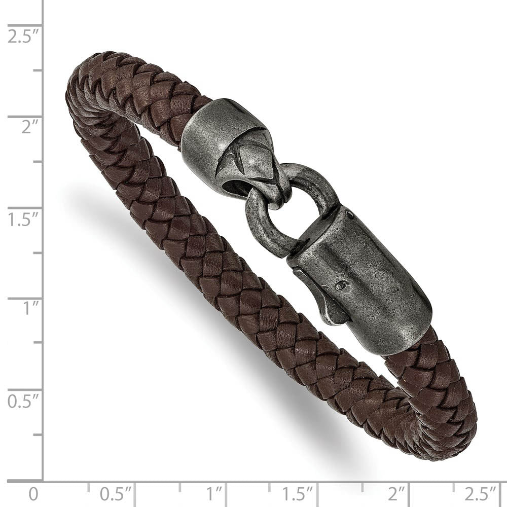 Alternate view of the 8mm Antiqued WB-Plated Stainless Steel Brown Leather Bracelet, 8.25 In by The Black Bow Jewelry Co.