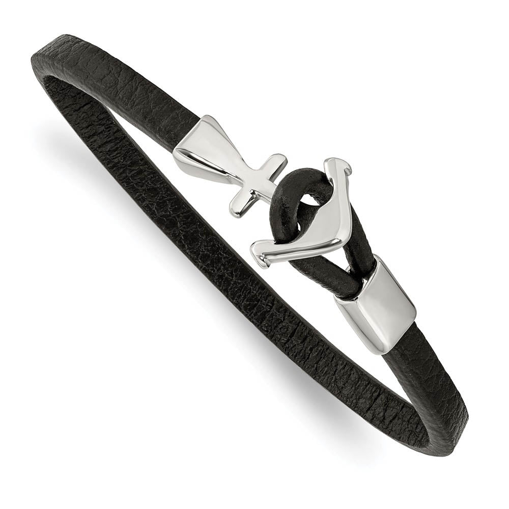 Women's Stainless Steel & Black Leather Anchor Toggle Bracelet, 8 Inch, Item B18968 by The Black Bow Jewelry Co.