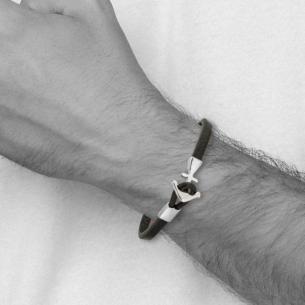 Alternate view of the Women's Stainless Steel & Black Leather Anchor Toggle Bracelet, 8 Inch by The Black Bow Jewelry Co.