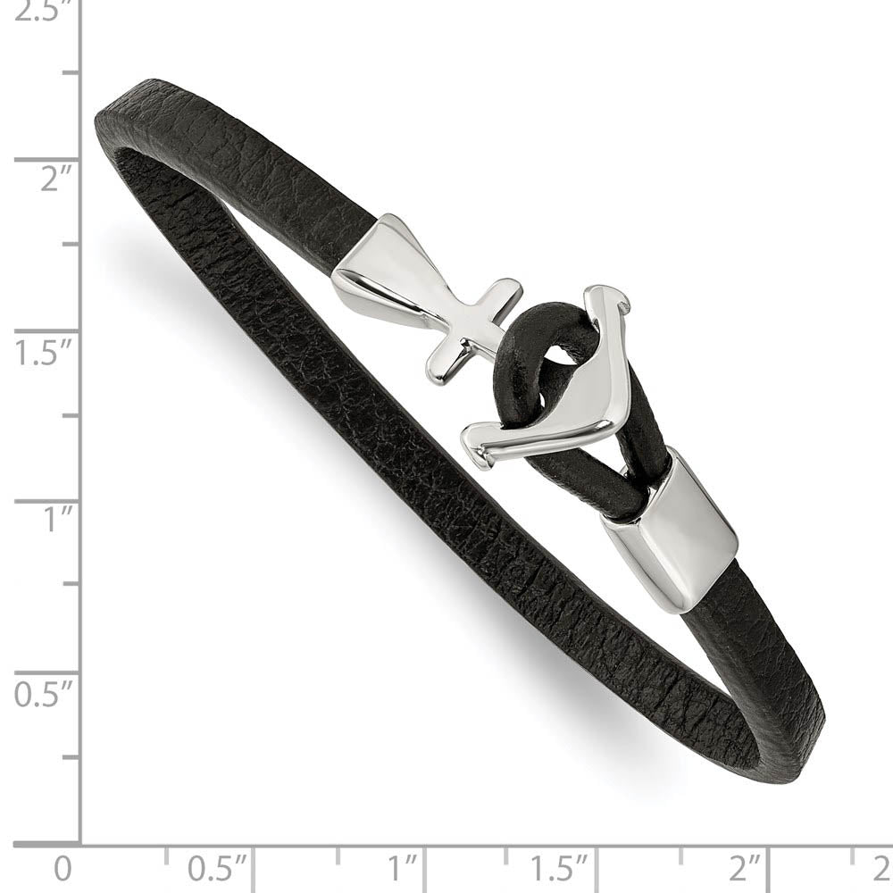 Alternate view of the Women's Stainless Steel & Black Leather Anchor Toggle Bracelet, 8 Inch by The Black Bow Jewelry Co.