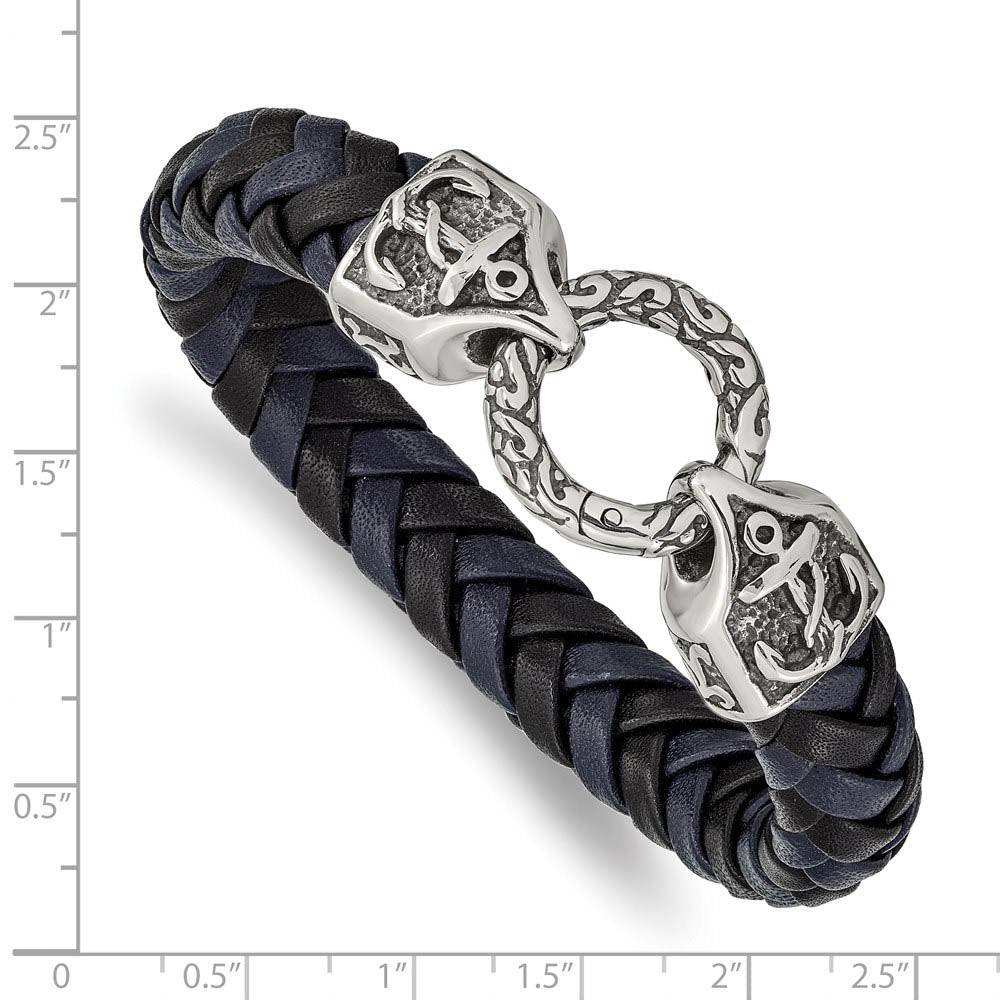 Alternate view of the Stainless Steel Black/Blue Leather Antiqued Anchor Bracelet, 8.25 Inch by The Black Bow Jewelry Co.