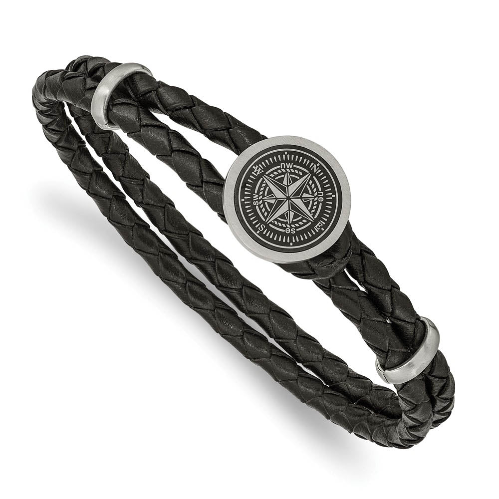 Stainless Steel & Black Leather Lasered Compass Bracelet, 8.5 Inch, Item B18970 by The Black Bow Jewelry Co.