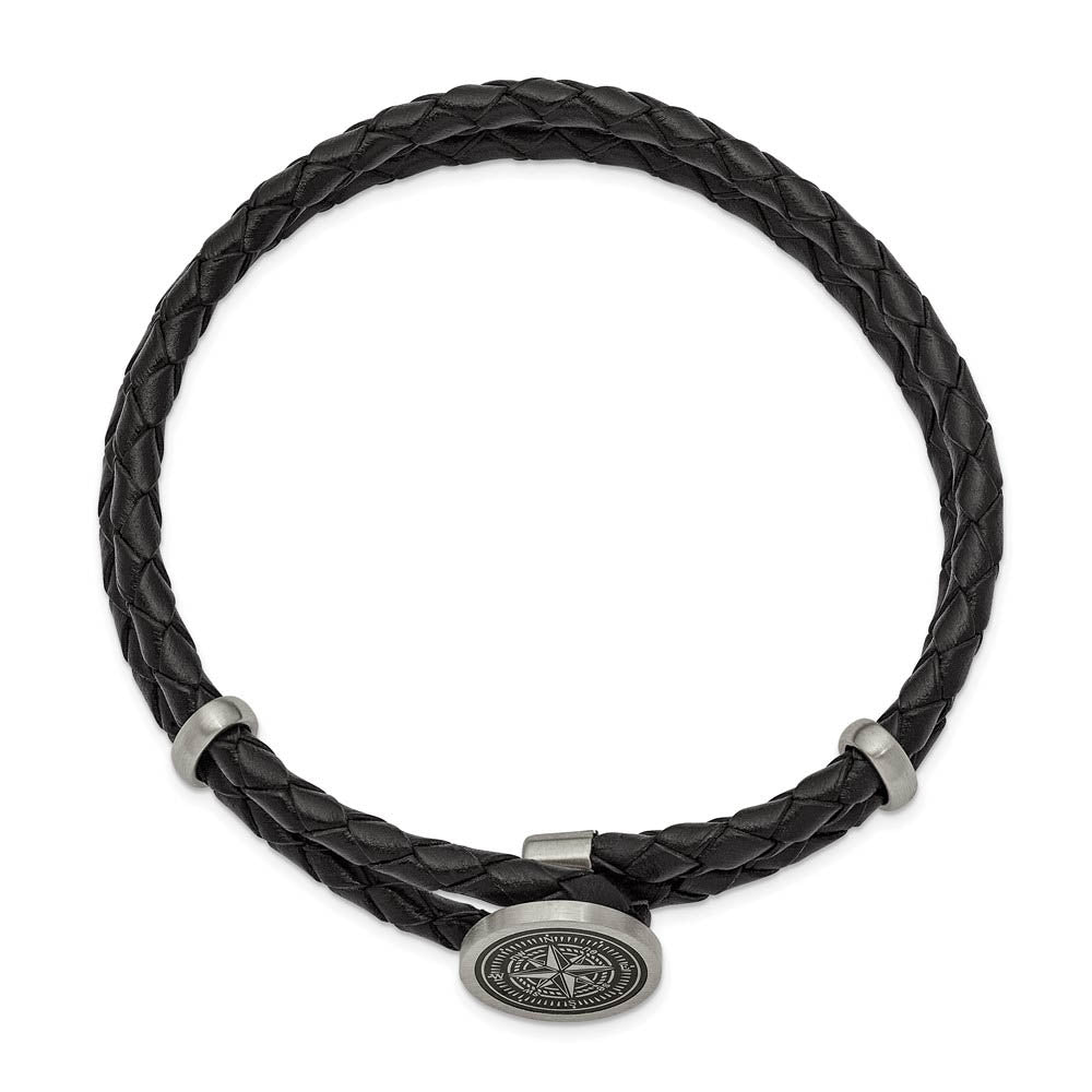 Alternate view of the Stainless Steel & Black Leather Lasered Compass Bracelet, 8.5 Inch by The Black Bow Jewelry Co.