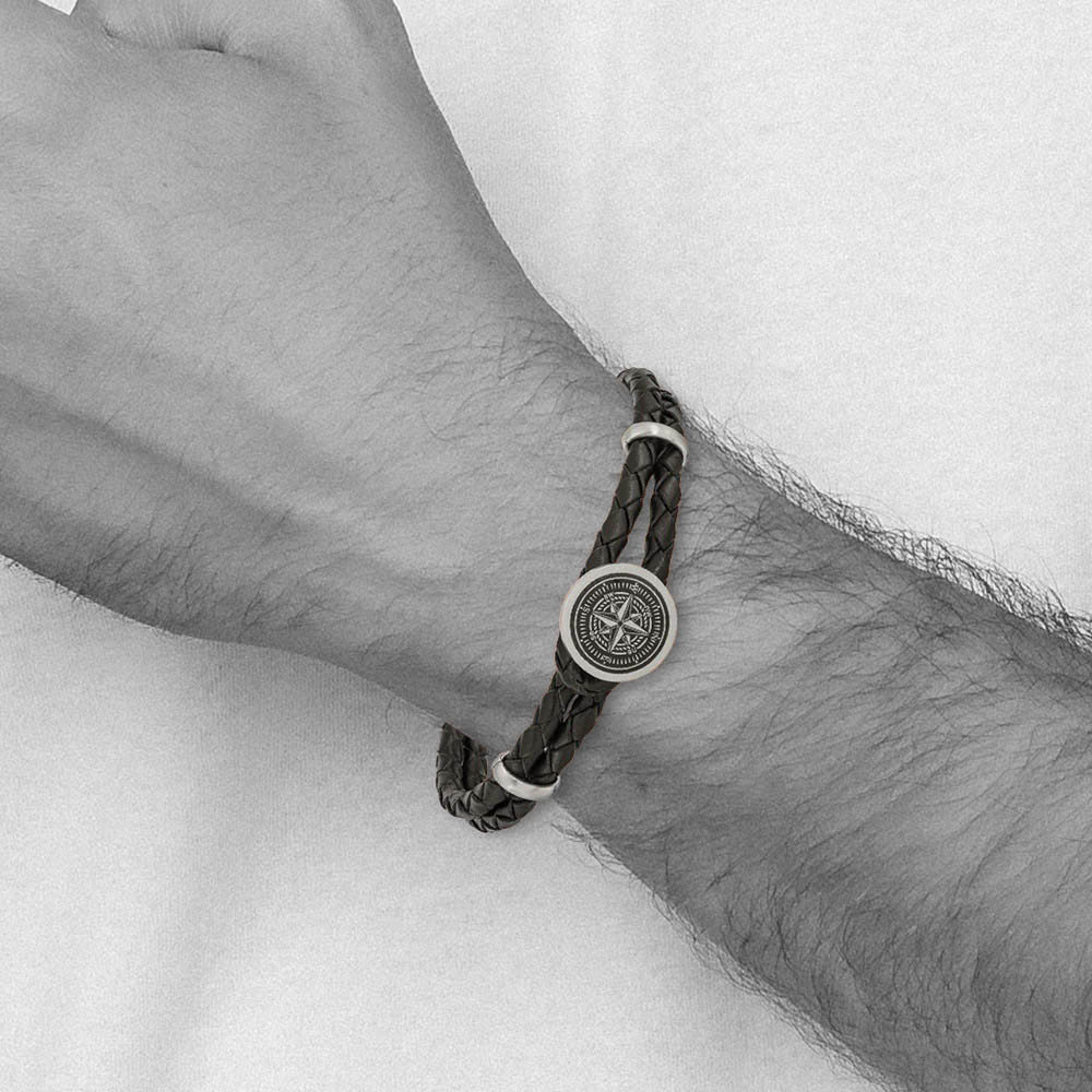 Alternate view of the Stainless Steel & Black Leather Lasered Compass Bracelet, 8.5 Inch by The Black Bow Jewelry Co.