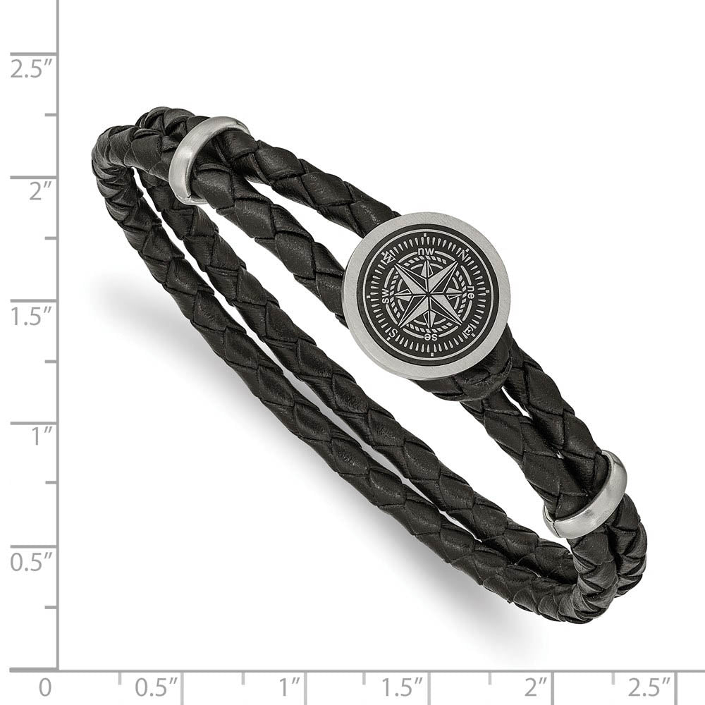 Alternate view of the Stainless Steel & Black Leather Lasered Compass Bracelet, 8.5 Inch by The Black Bow Jewelry Co.