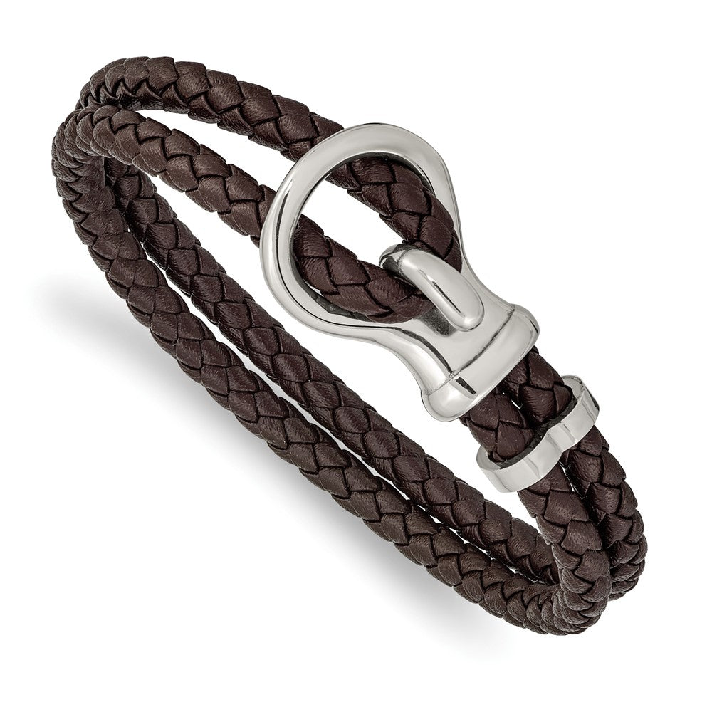 Stainless Steel &amp; Braided Brown Leather Fancy Hook Bracelet, 8 Inch, Item B18971 by The Black Bow Jewelry Co.