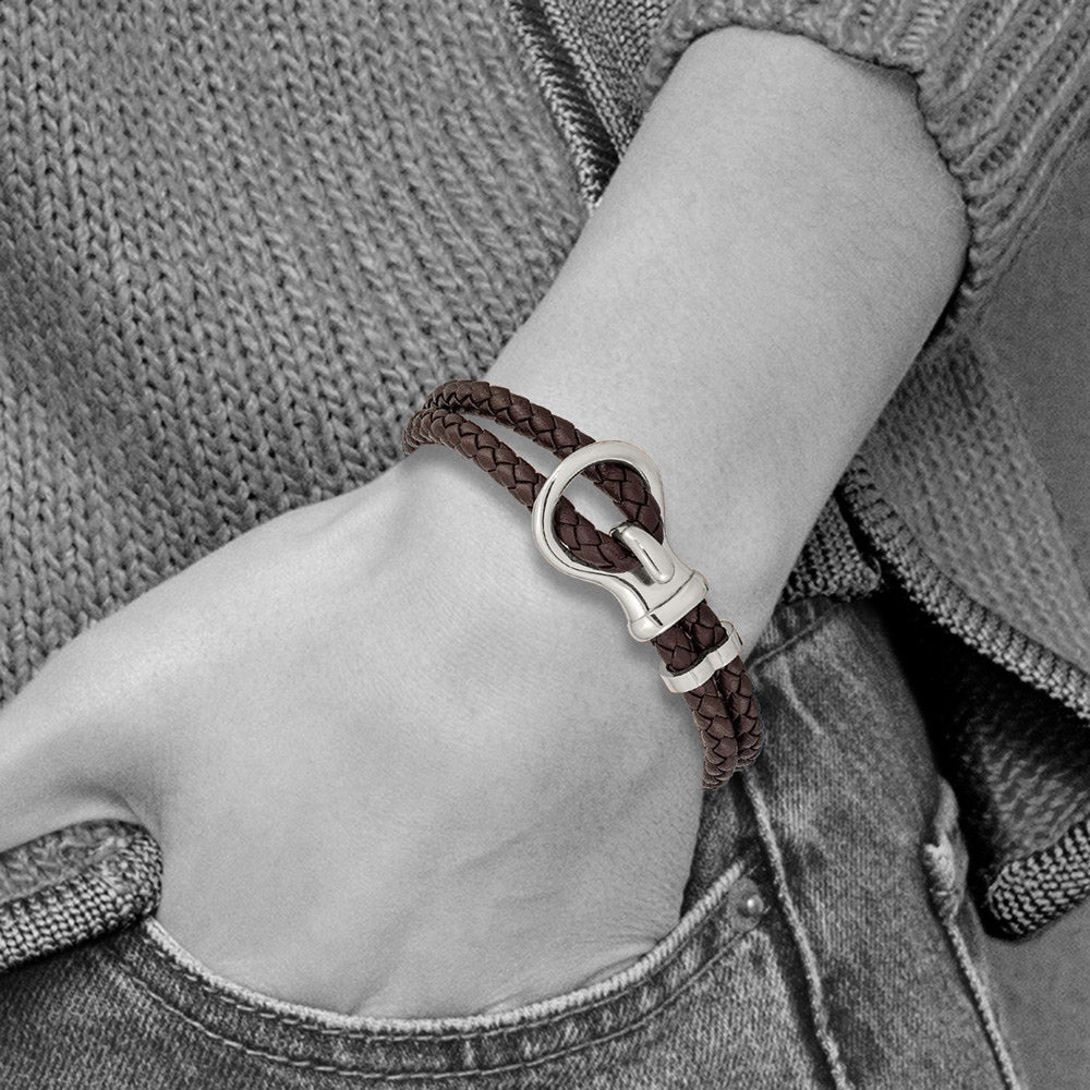 Alternate view of the Stainless Steel &amp; Braided Brown Leather Fancy Hook Bracelet, 8 Inch by The Black Bow Jewelry Co.