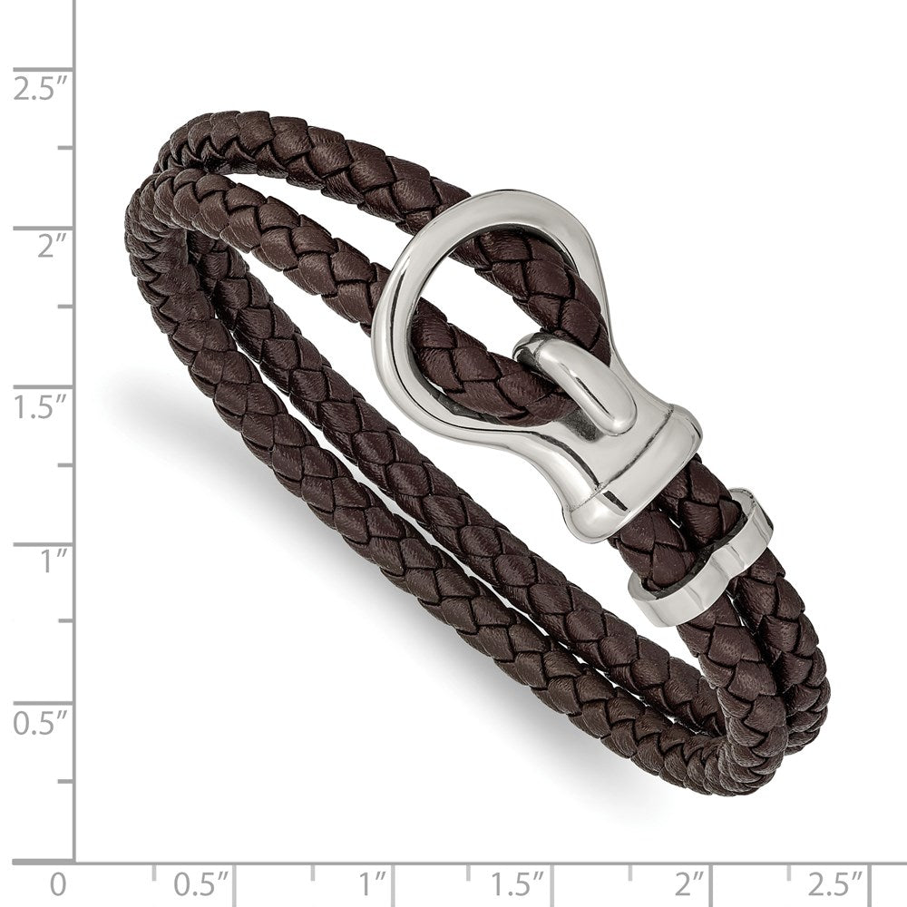 Alternate view of the Stainless Steel &amp; Braided Brown Leather Fancy Hook Bracelet, 8 Inch by The Black Bow Jewelry Co.