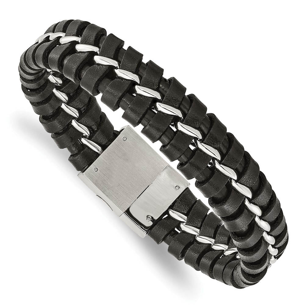 Men's 16mm Stainless Steel & Black Leather Bracelet, 9 Inch, Item B18972 by The Black Bow Jewelry Co.