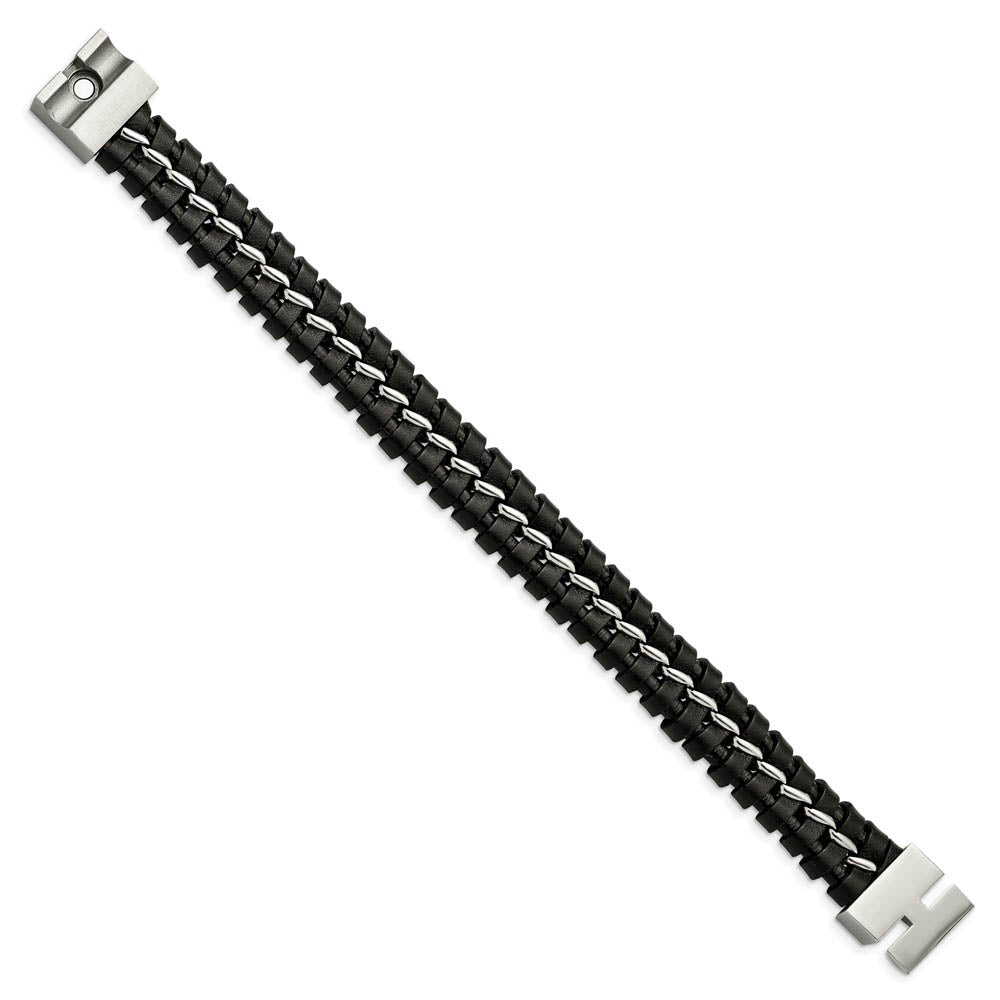 Alternate view of the Men's 16mm Stainless Steel & Black Leather Bracelet, 9 Inch by The Black Bow Jewelry Co.