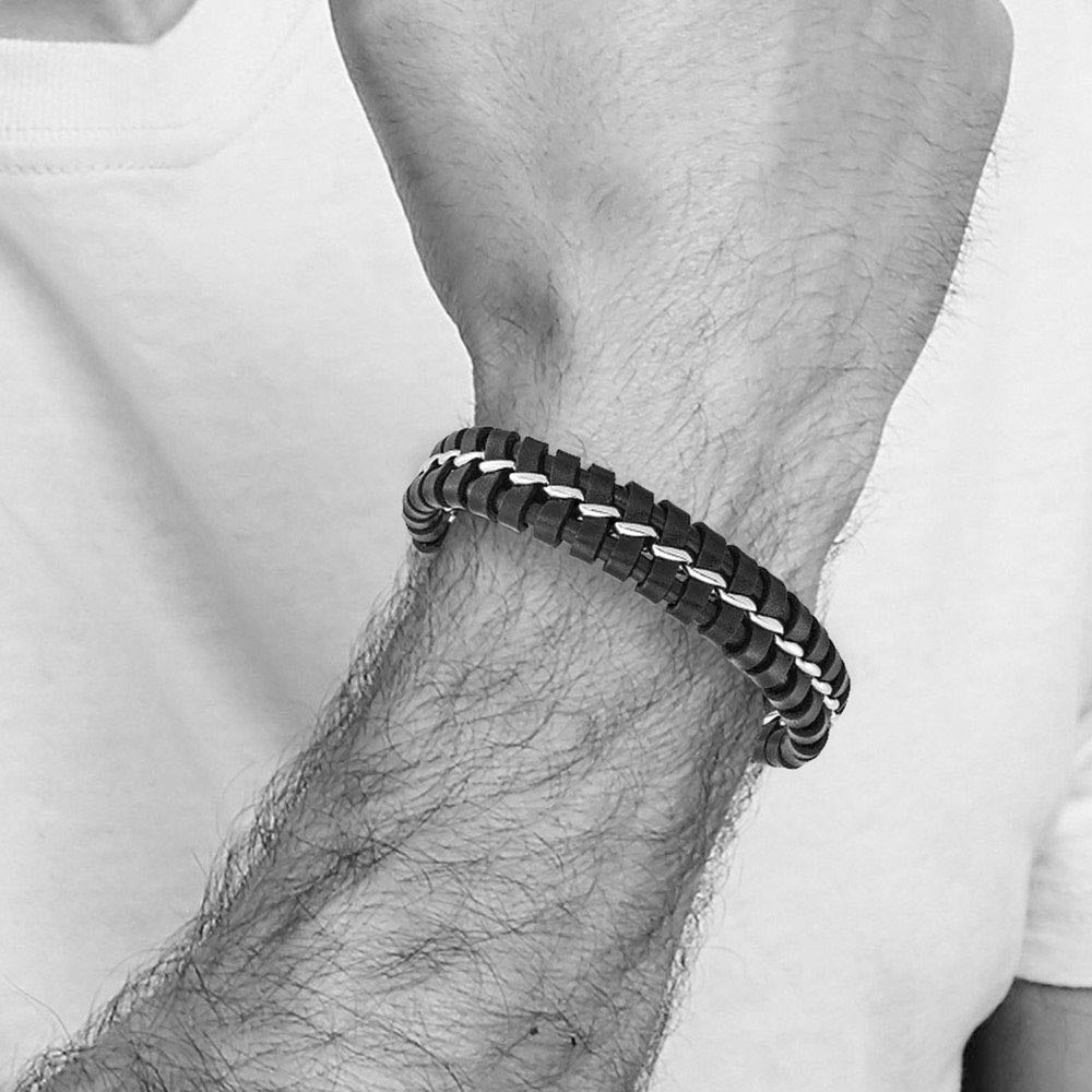 Alternate view of the Men's 16mm Stainless Steel & Black Leather Bracelet, 9 Inch by The Black Bow Jewelry Co.