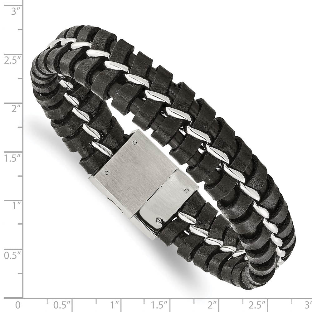 Alternate view of the Men's 16mm Stainless Steel & Black Leather Bracelet, 9 Inch by The Black Bow Jewelry Co.