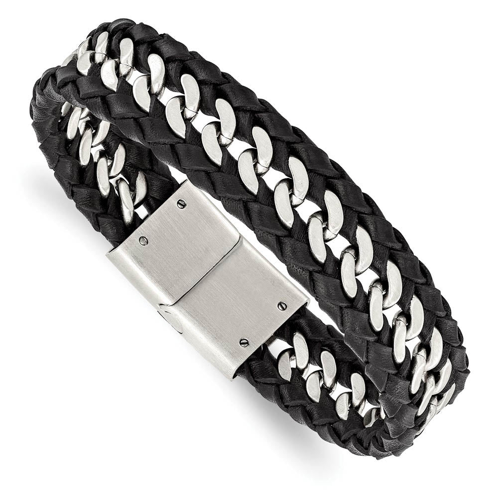 14mm Stainless Steel & Black Leather Brushed Curb Bracelet, 8.5 Inch, Item B18974 by The Black Bow Jewelry Co.