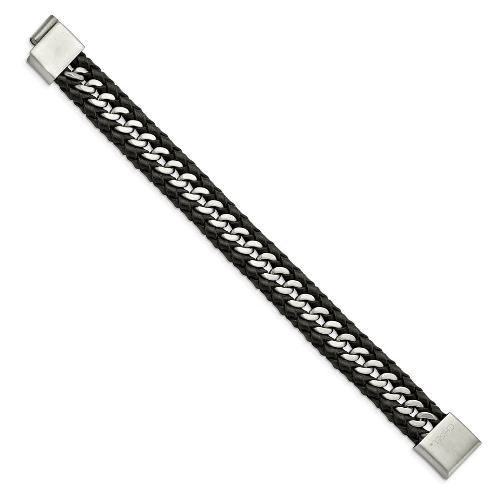 Alternate view of the 14mm Stainless Steel & Black Leather Brushed Curb Bracelet, 8.5 Inch by The Black Bow Jewelry Co.