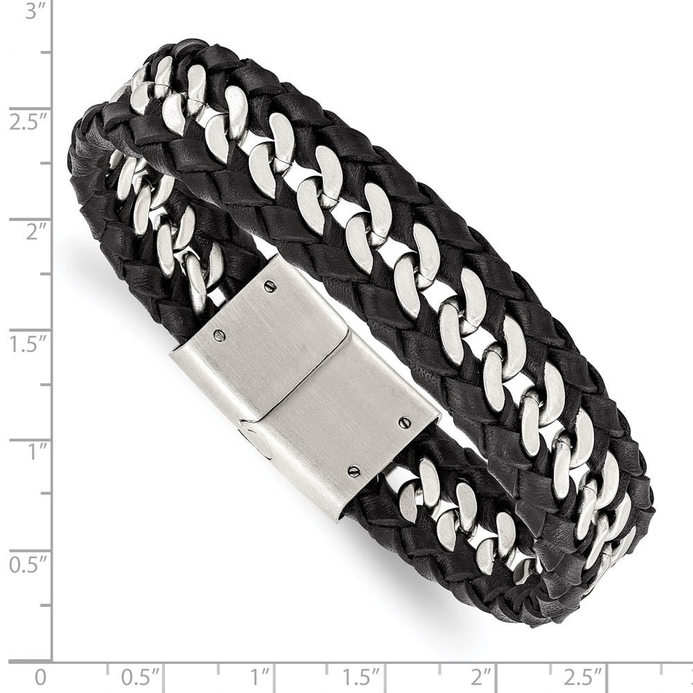Alternate view of the 14mm Stainless Steel & Black Leather Brushed Curb Bracelet, 8.5 Inch by The Black Bow Jewelry Co.
