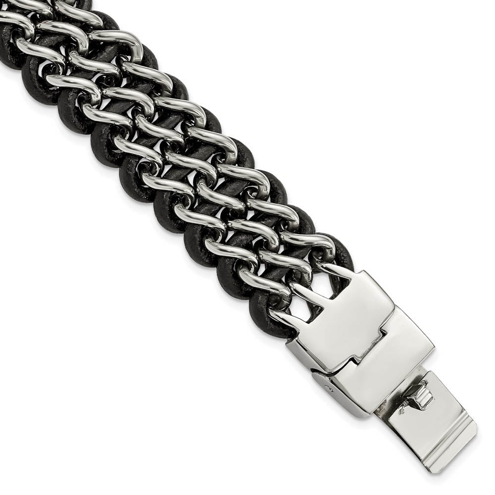 26mm Stainless Steel & Black Leather Triple Row Bracelet, 8.75 Inch, Item B18975 by The Black Bow Jewelry Co.