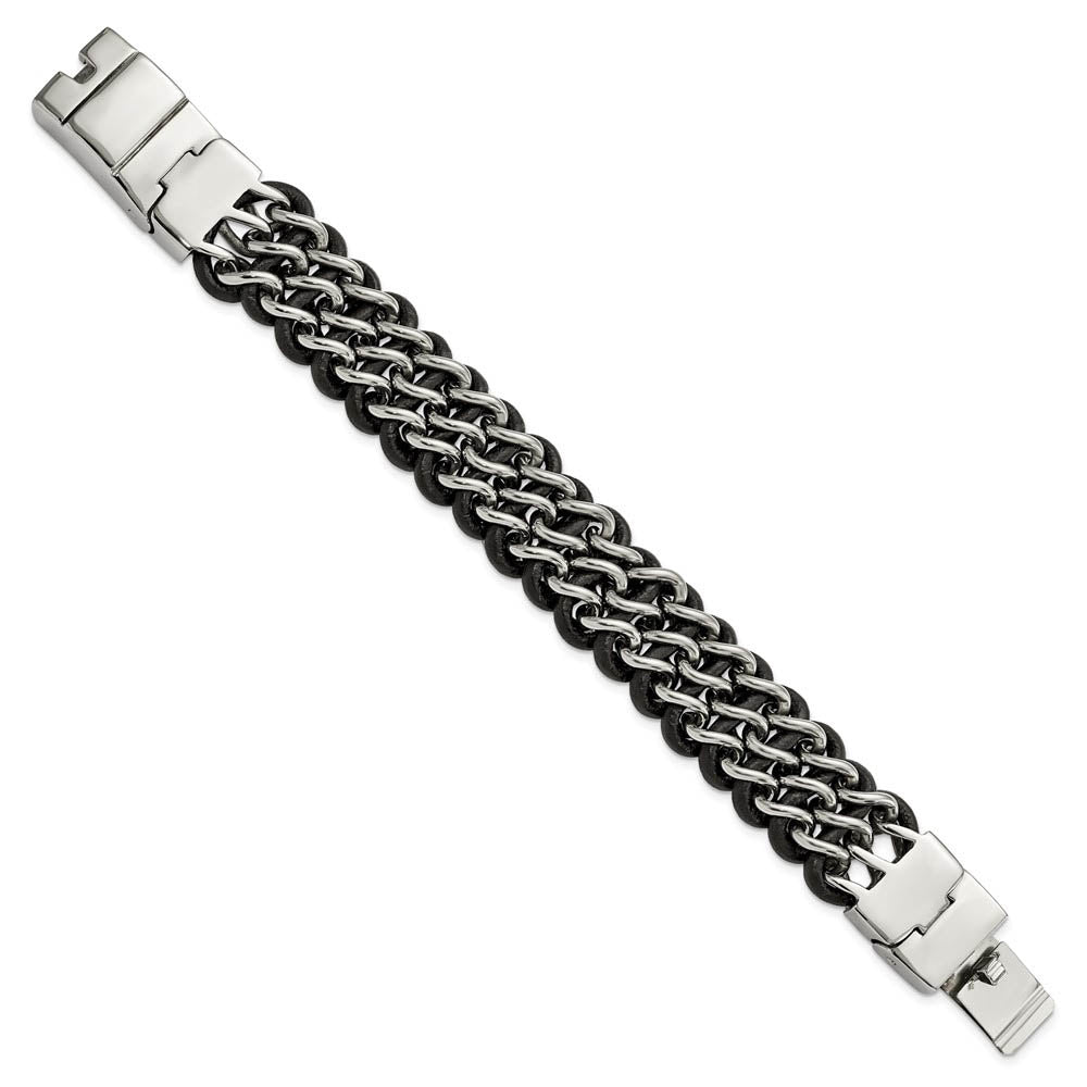 Alternate view of the 26mm Stainless Steel & Black Leather Triple Row Bracelet, 8.75 Inch by The Black Bow Jewelry Co.