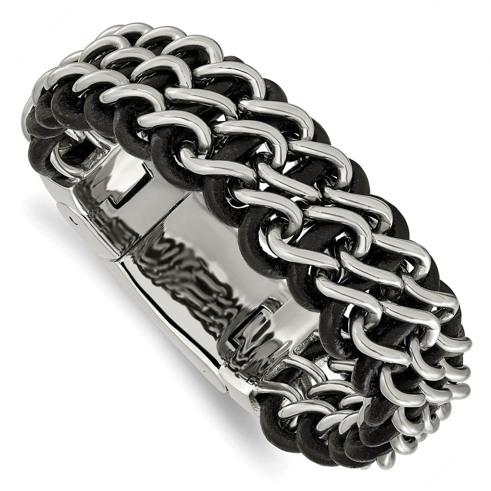 Alternate view of the 26mm Stainless Steel & Black Leather Triple Row Bracelet, 8.75 Inch by The Black Bow Jewelry Co.