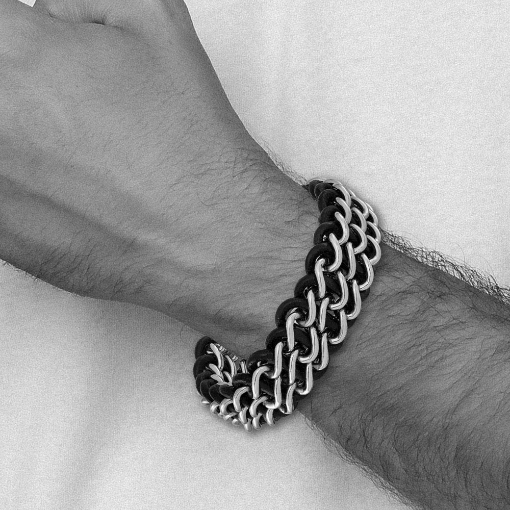Alternate view of the 26mm Stainless Steel & Black Leather Triple Row Bracelet, 8.75 Inch by The Black Bow Jewelry Co.