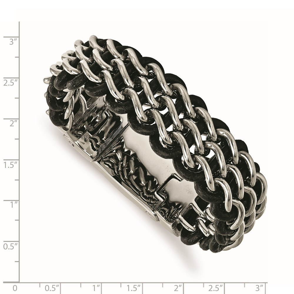 Alternate view of the 26mm Stainless Steel & Black Leather Triple Row Bracelet, 8.75 Inch by The Black Bow Jewelry Co.