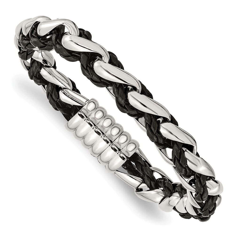 10.75mm Stainless Steel & Black Leather Polished Link Bracelet, 8.5 In, Item B18976 by The Black Bow Jewelry Co.