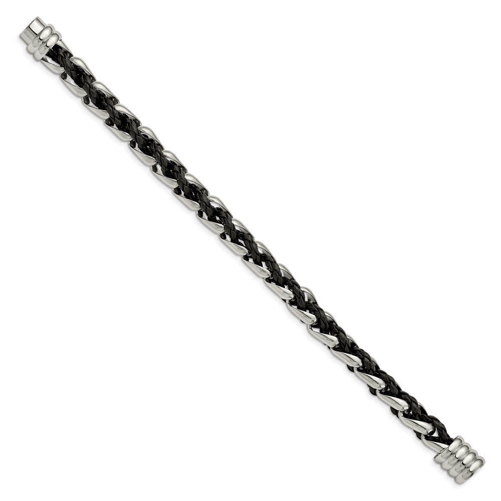 Alternate view of the 10.75mm Stainless Steel & Black Leather Polished Link Bracelet, 8.5 In by The Black Bow Jewelry Co.