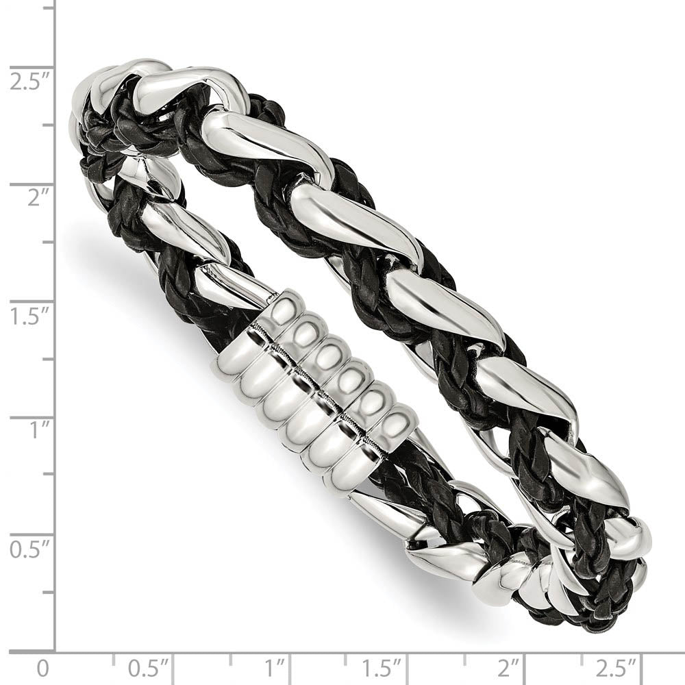 Alternate view of the 10.75mm Stainless Steel & Black Leather Polished Link Bracelet, 8.5 In by The Black Bow Jewelry Co.