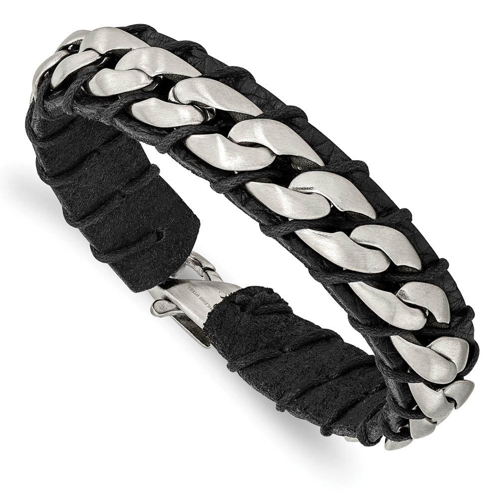 15mm Stainless Steel & Black Leather Brushed Curb Bracelet, 8.5 Inch, Item B18977 by The Black Bow Jewelry Co.