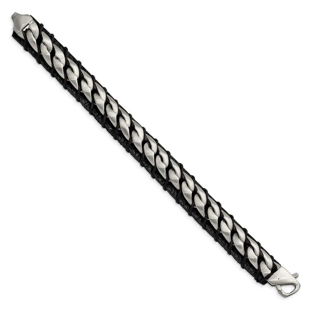 Alternate view of the 15mm Stainless Steel & Black Leather Brushed Curb Bracelet, 8.5 Inch by The Black Bow Jewelry Co.