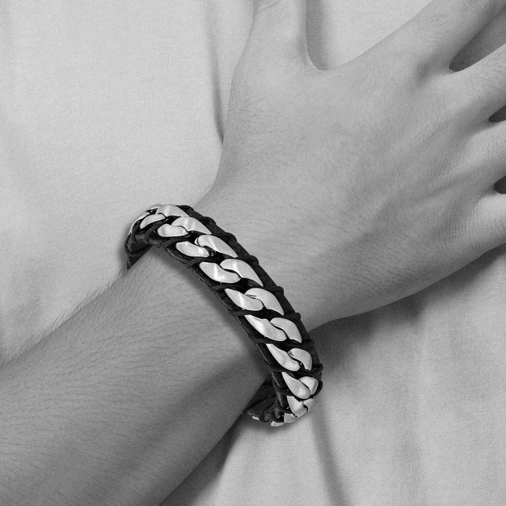 Alternate view of the 15mm Stainless Steel & Black Leather Brushed Curb Bracelet, 8.5 Inch by The Black Bow Jewelry Co.