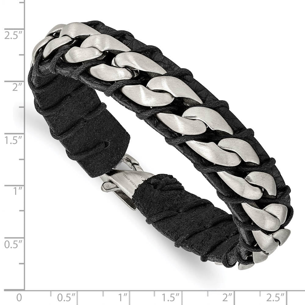 Alternate view of the 15mm Stainless Steel & Black Leather Brushed Curb Bracelet, 8.5 Inch by The Black Bow Jewelry Co.