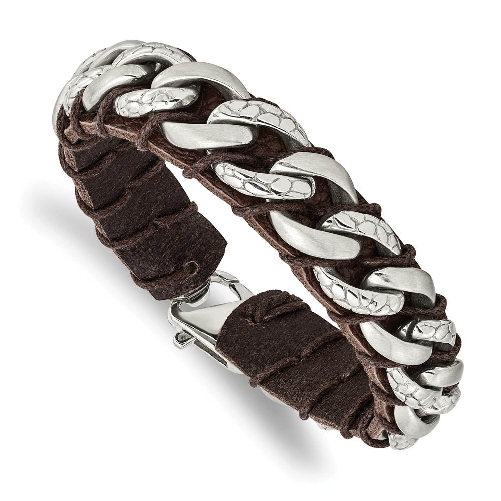 15mm Stainless Steel & Brown Leather Textured Curb Bracelet, 8.5 Inch, Item B18978 by The Black Bow Jewelry Co.