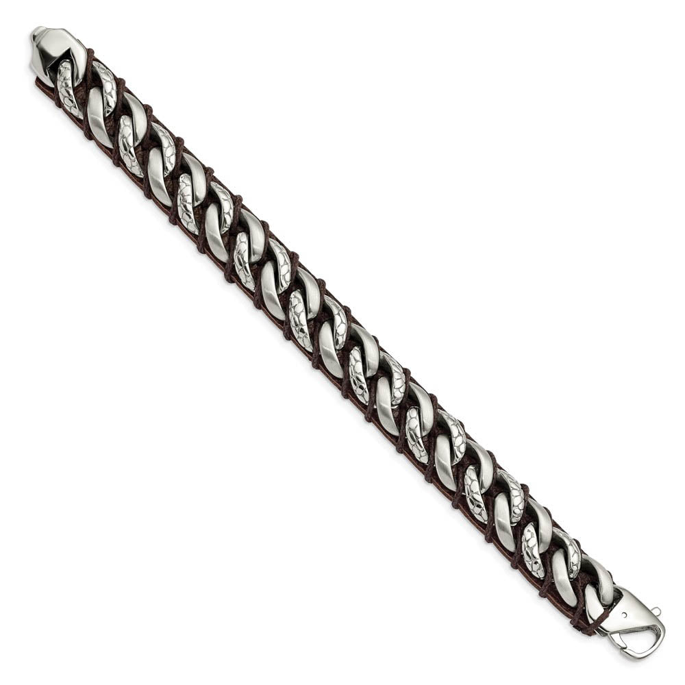 Alternate view of the 15mm Stainless Steel & Brown Leather Textured Curb Bracelet, 8.5 Inch by The Black Bow Jewelry Co.