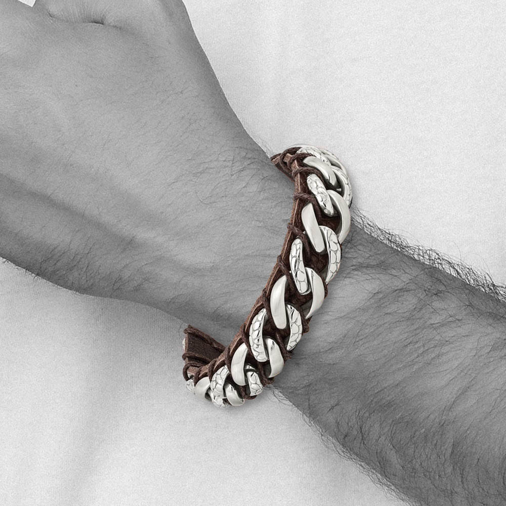 Alternate view of the 15mm Stainless Steel & Brown Leather Textured Curb Bracelet, 8.5 Inch by The Black Bow Jewelry Co.