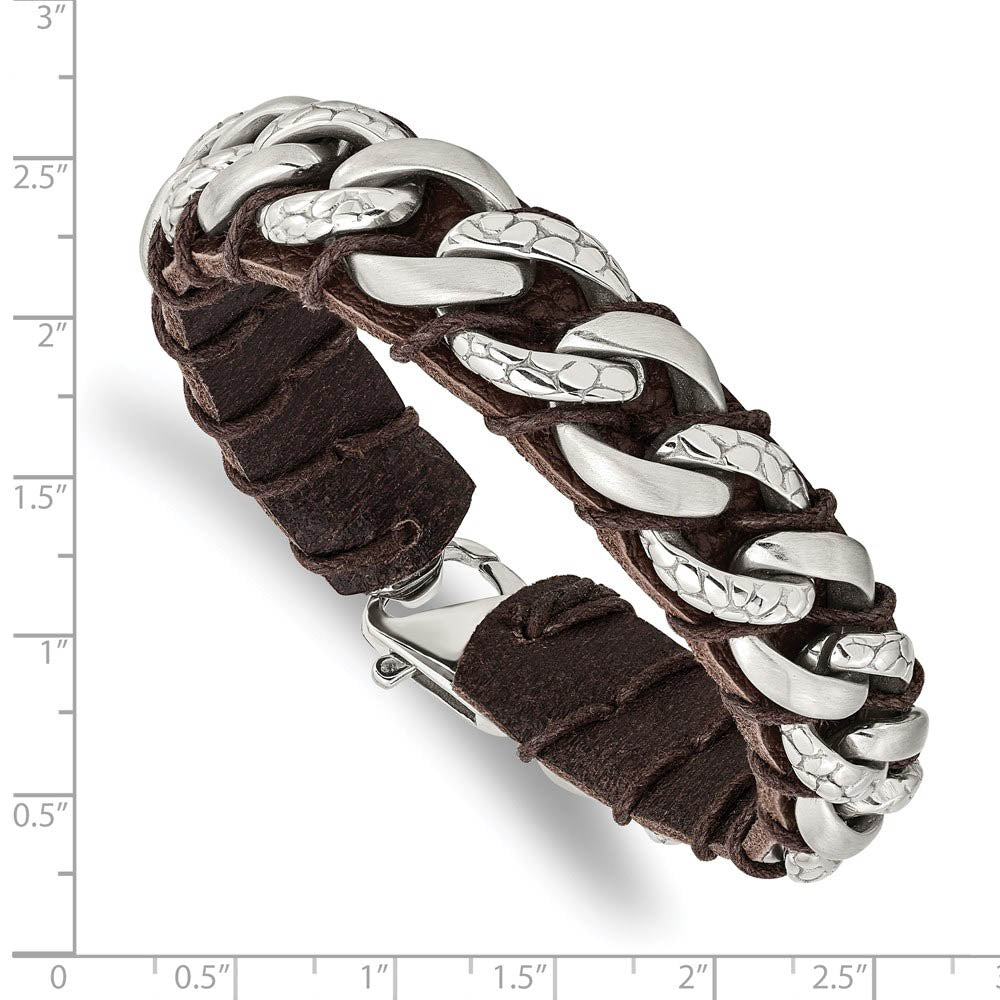 Alternate view of the 15mm Stainless Steel & Brown Leather Textured Curb Bracelet, 8.5 Inch by The Black Bow Jewelry Co.