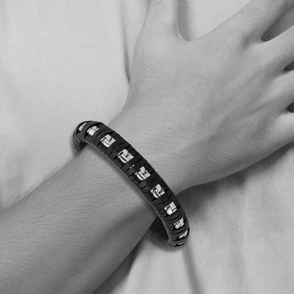 Alternate view of the 11mm Stainless Steel & Black Leather Polished Chain Bracelet, 8.25 In by The Black Bow Jewelry Co.