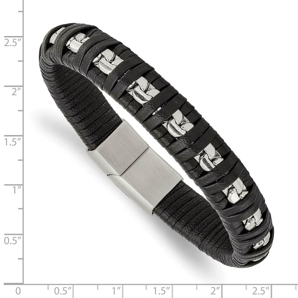 Alternate view of the 11mm Stainless Steel & Black Leather Polished Chain Bracelet, 8.25 In by The Black Bow Jewelry Co.