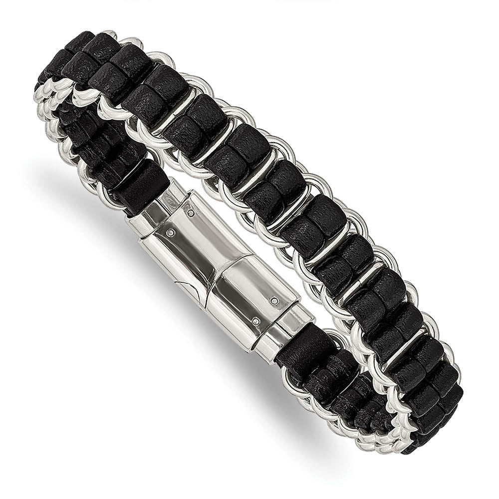12mm Stainless Steel & Black Leather Woven Dbl Link Bracelet, 8.5 Inch, Item B18980 by The Black Bow Jewelry Co.
