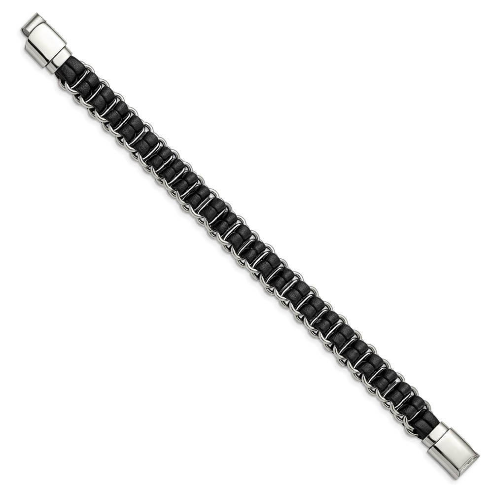 Alternate view of the 12mm Stainless Steel & Black Leather Woven Dbl Link Bracelet, 8.5 Inch by The Black Bow Jewelry Co.
