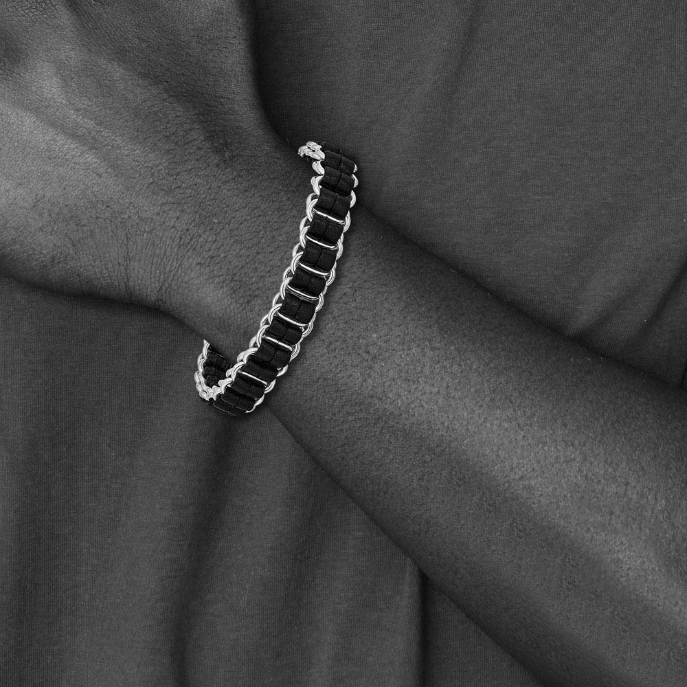 Alternate view of the 12mm Stainless Steel & Black Leather Woven Dbl Link Bracelet, 8.5 Inch by The Black Bow Jewelry Co.