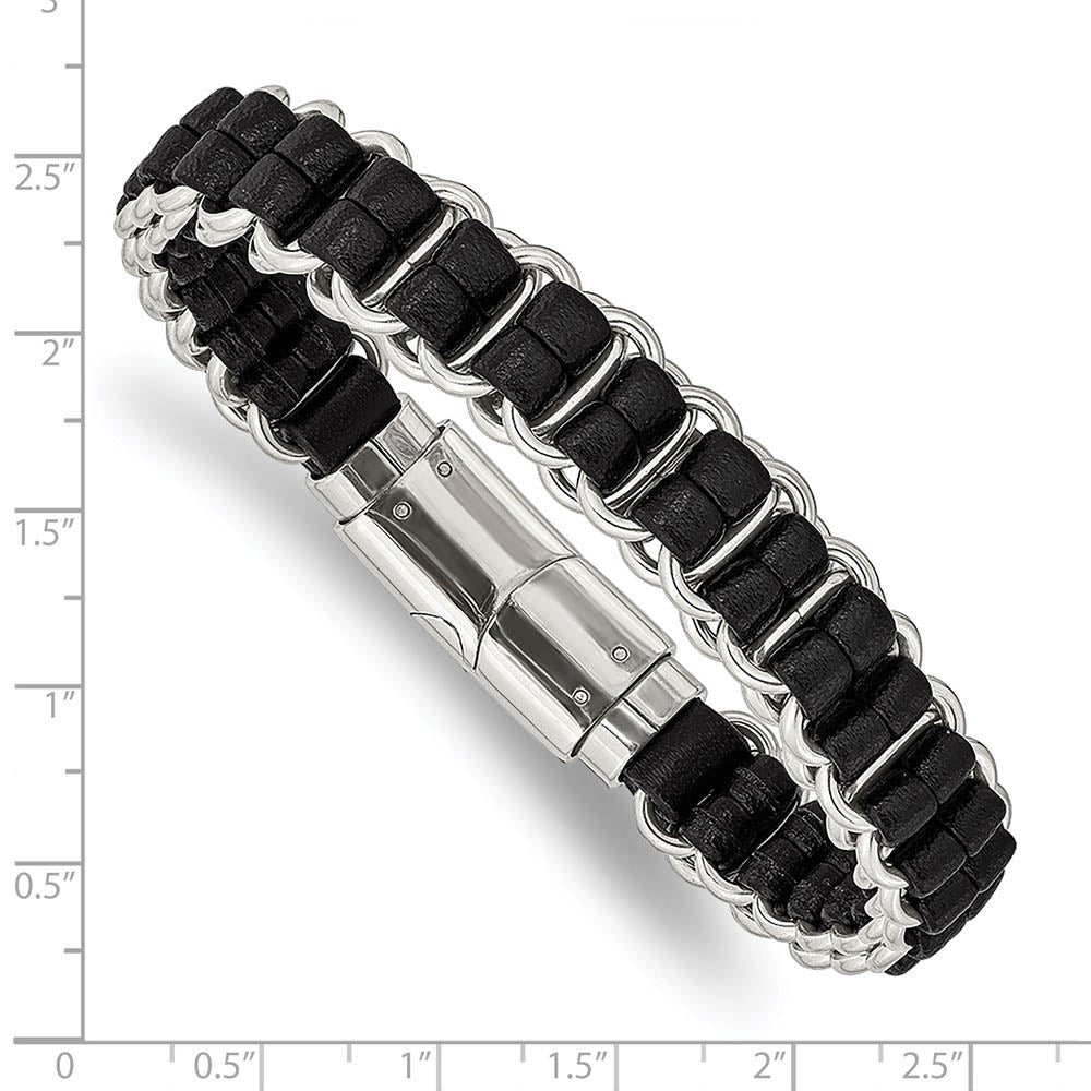 Alternate view of the 12mm Stainless Steel & Black Leather Woven Dbl Link Bracelet, 8.5 Inch by The Black Bow Jewelry Co.