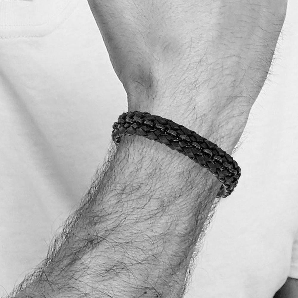 Alternate view of the 14.5mm Black Plated Stainless Steel & Blk Leather Bracelet, 7.5-8 Inch by The Black Bow Jewelry Co.