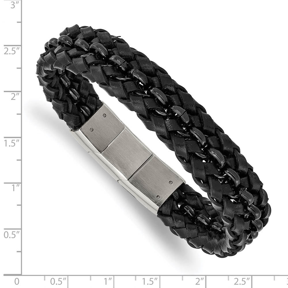 Alternate view of the 14.5mm Black Plated Stainless Steel & Blk Leather Bracelet, 7.5-8 Inch by The Black Bow Jewelry Co.