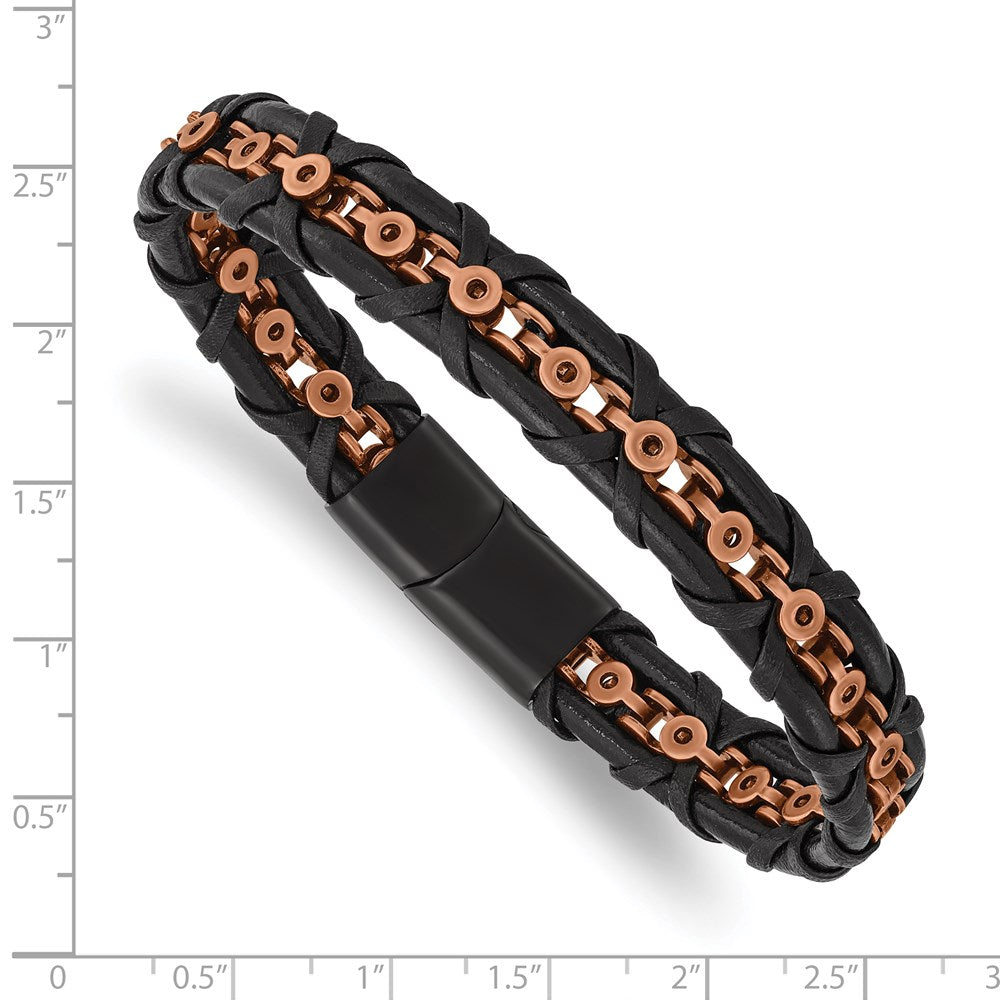 Alternate view of the Rose Tone/Black Plated Stainless Steel Black Leather Bracelet, 8.5 In by The Black Bow Jewelry Co.