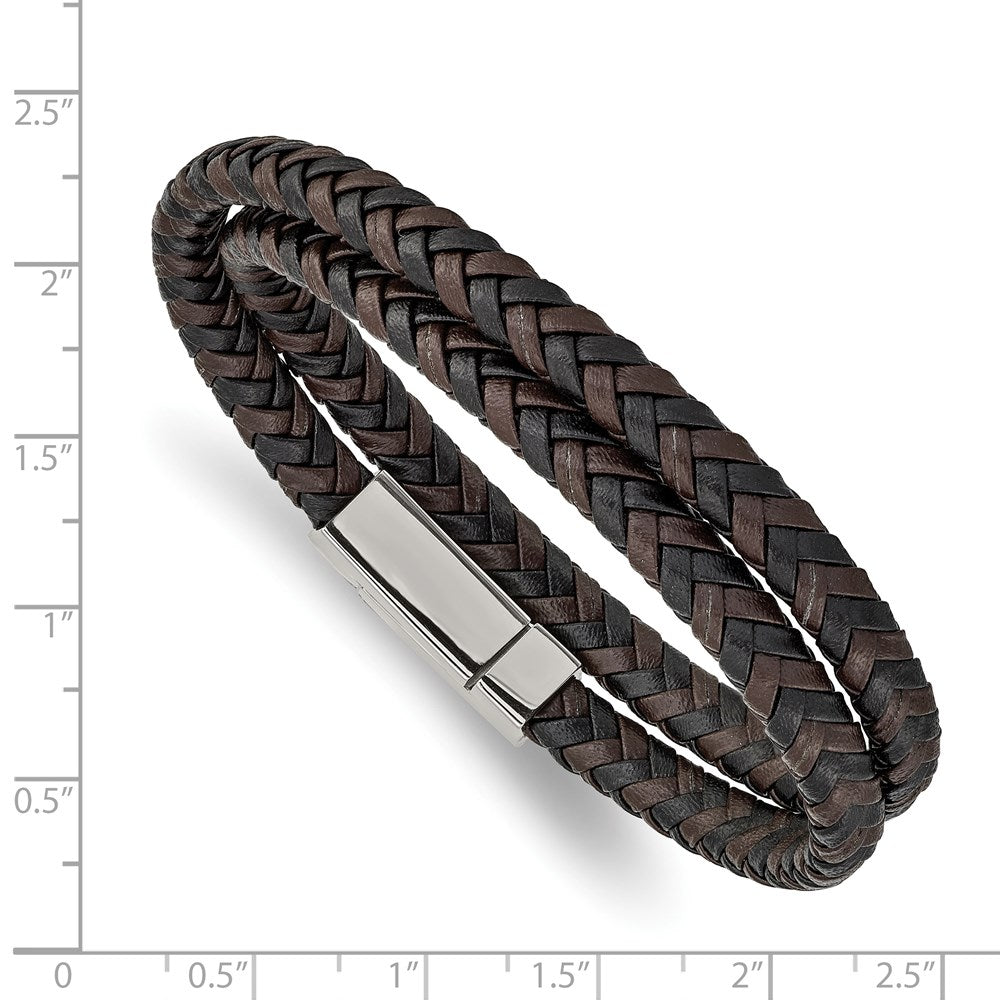 Alternate view of the 6mm Stainless Steel Two Tone Leather Braided Wrap Bracelet, 15.75 Inch by The Black Bow Jewelry Co.