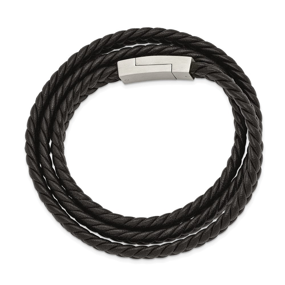 Alternate view of the 8mm Stainless Steel &amp; Black Leather Braided Wrap Bracelet, 23 Inch by The Black Bow Jewelry Co.