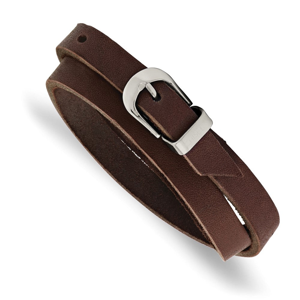 10mm Stainless Steel Brown Leather Adj. Wrap Bracelet, 8.0-8.5 Inch, Item B18985 by The Black Bow Jewelry Co.