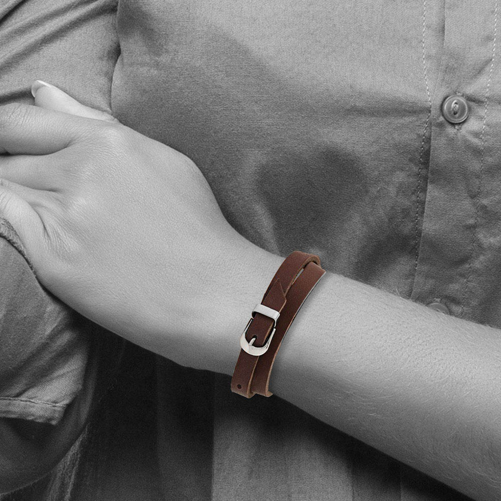 Alternate view of the 10mm Stainless Steel Brown Leather Adj. Wrap Bracelet, 8.0-8.5 Inch by The Black Bow Jewelry Co.