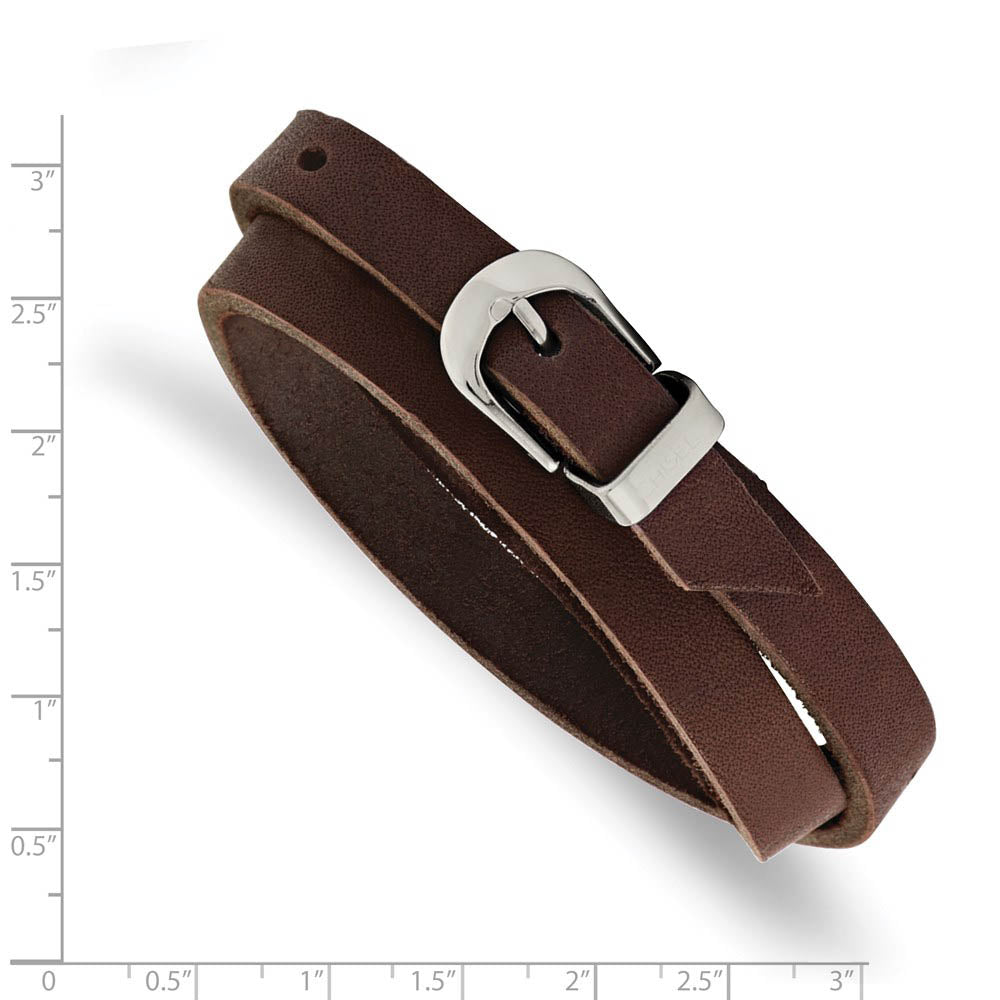 Alternate view of the 10mm Stainless Steel Brown Leather Adj. Wrap Bracelet, 8.0-8.5 Inch by The Black Bow Jewelry Co.
